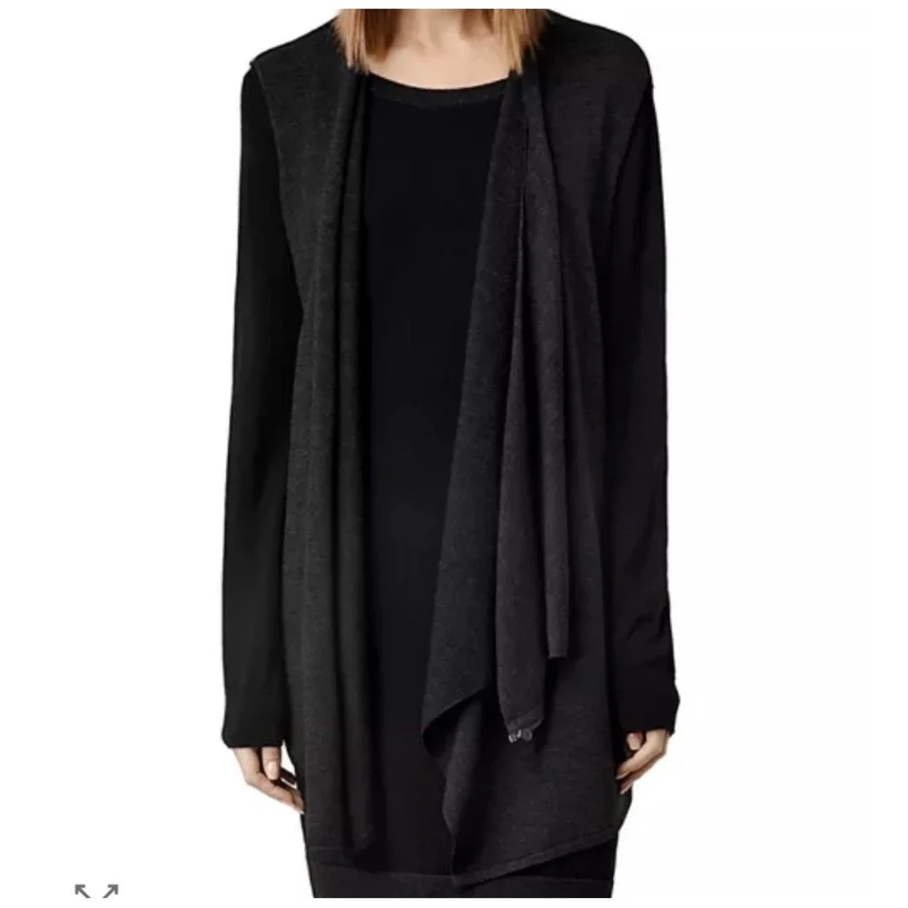 ALLSAINTS Black Charcoal Asymmetrical Drina Drape Cardigan Sweater Size 4